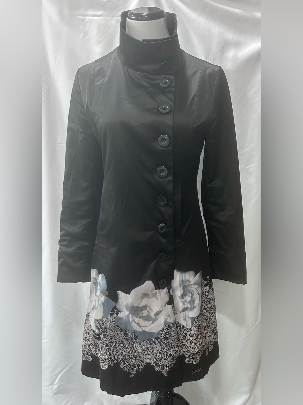Desigual Black Floral Rose Long Trench Coat Jacket Stand Collar Size 38 US Small